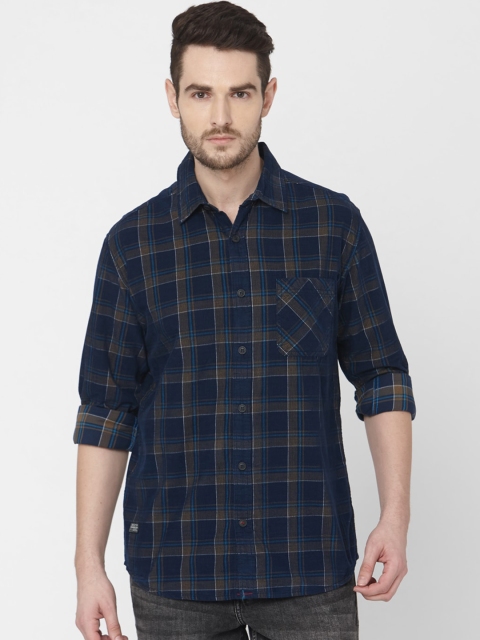 

Mufti Men Navy Blue & Brown Slim Fit Checked Cotton Casual Shirt