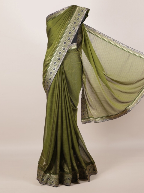 

Pothys Olive Green Solid Poly Georgette Saree with Zari Border
