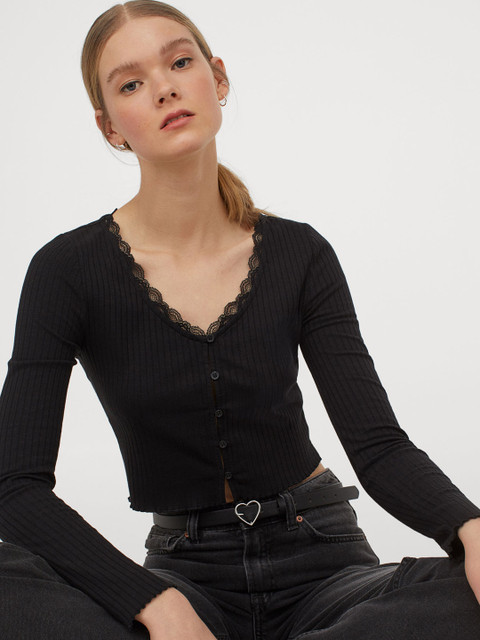 

H&M Women Black Fitted Ribbed Top
