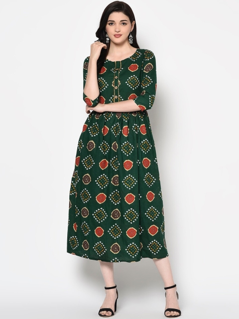 

GULMOHAR JAIPUR Women Green Printed A-Line Dress