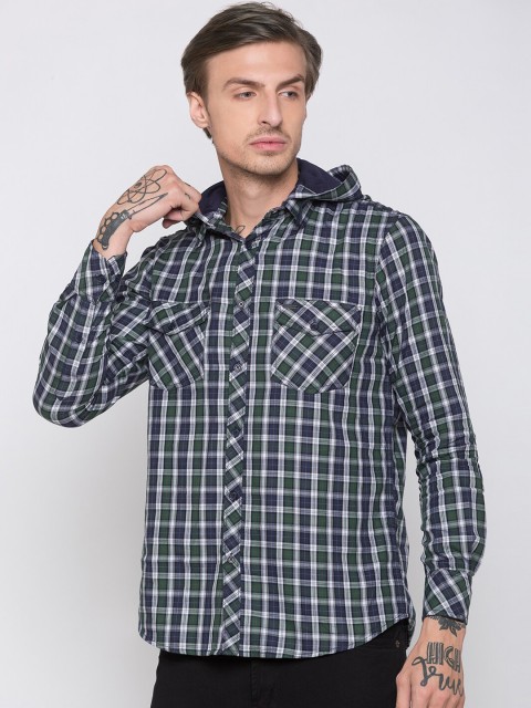 

Globus Men Green Regular Fit Checked Hooded Casual Shirt