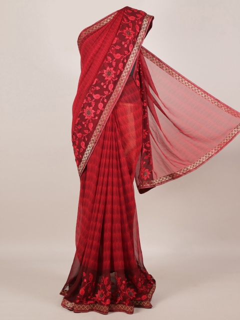 

Pothys Red Printed Poly Georgette Saree with Zari Border