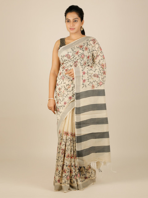 

Pothys Cream-Coloured Printed Jute Silk Saree