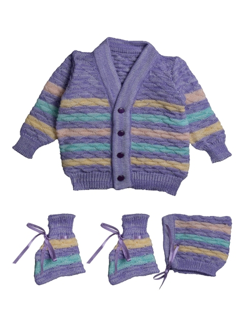 

Little Angels Unisex Kids Violet Striped Cardigan Sweater with Socks & Beanie