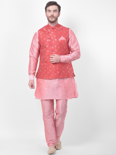 

SG LEMAN Men Pink Solid Brocade Raw Silk Kurta Set