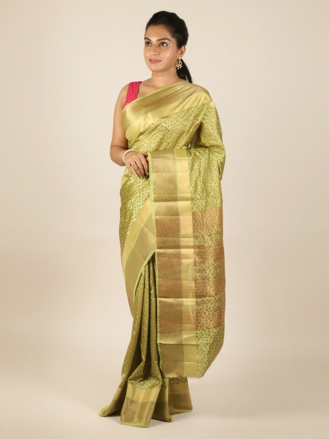 

Pothys Green & Gold-Toned Jute Silk Printed Saree with Zari Border