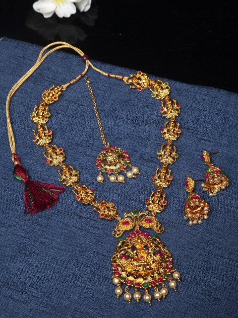

Shining Diva Gold-Plated Pink & Green Stone Studden Beaded Jewellery Set