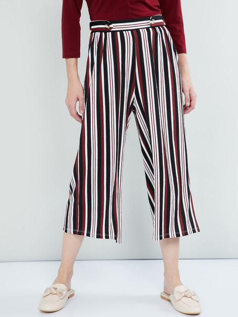 

max Women Black & Burgundy Striped Straight Cropped Palazzos