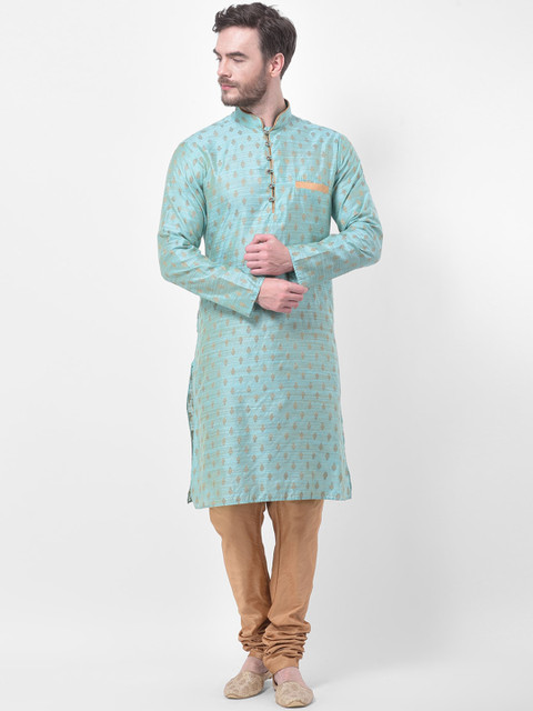 

SG LEMAN Men Turquoise Blue Self Design Jacquard Kurta with Pyjamas