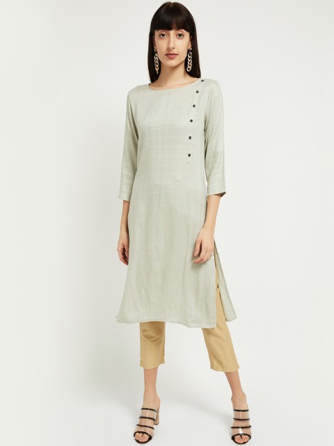 

max Women Grey & Gold-Toned Checked Straight Kurta