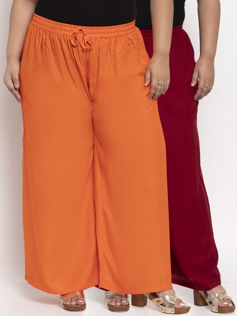 

TAG 7 PLUS Women Pack Of 2 Solid Straight Palazzos, Orange