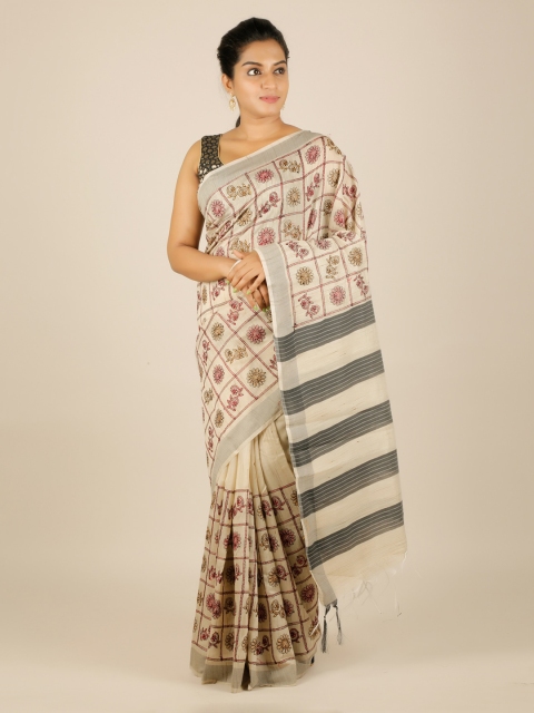 

Pothys Cream-Coloured Embroidered Jute Silk Saree