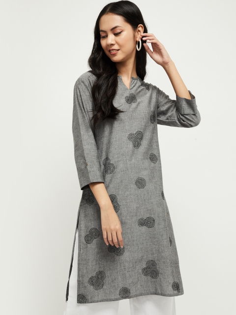 

max Women Grey Embroidered A-Line Kurta