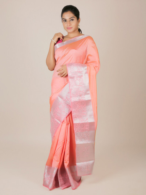 

Pothys Peach-Coloured Printed Jute Silk Saree with Zari Border
