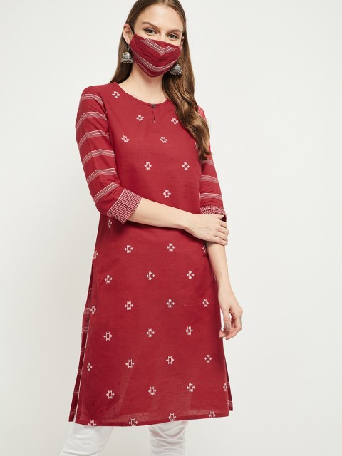 

max Women Red & White Jacquard Printed Straight Kurti With Matching Mask