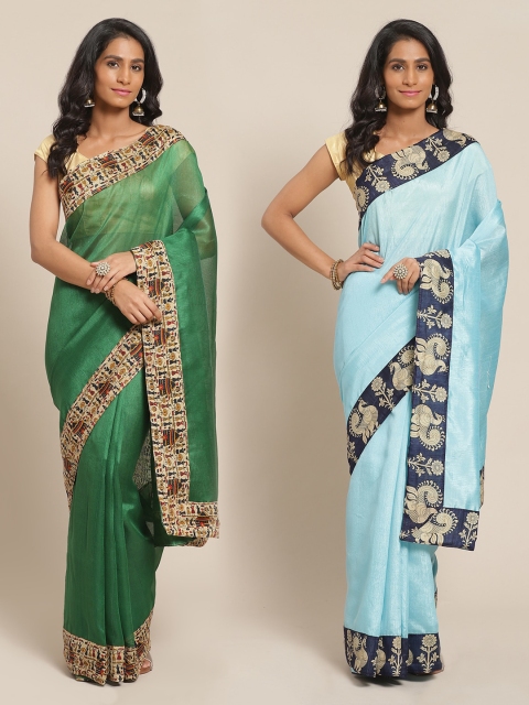 

Florence Green & Blue Set of 2 Silk Blend Solid Saree
