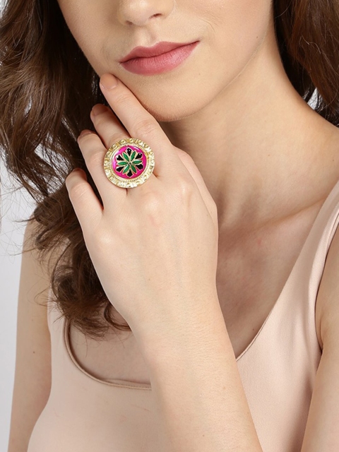 

Rubans Gold-Plated Pink & Green Hand-Painted Adjustable Finger Ring