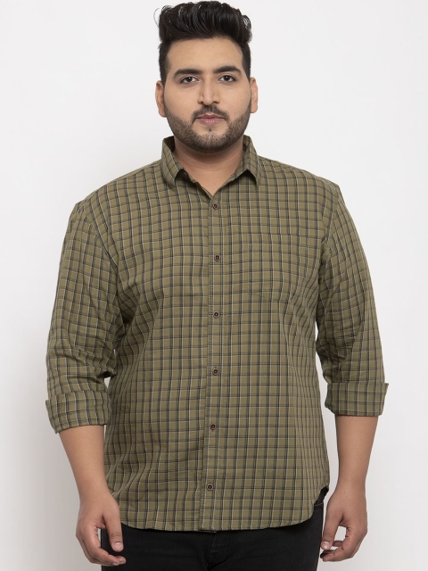 

plusS Men Olive Green Regular Fit Checked Cotton Casual Shirt