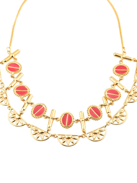 

Voylla Gold-Toned Alloy Gold Statement Necklace With Pink Enamel Finish