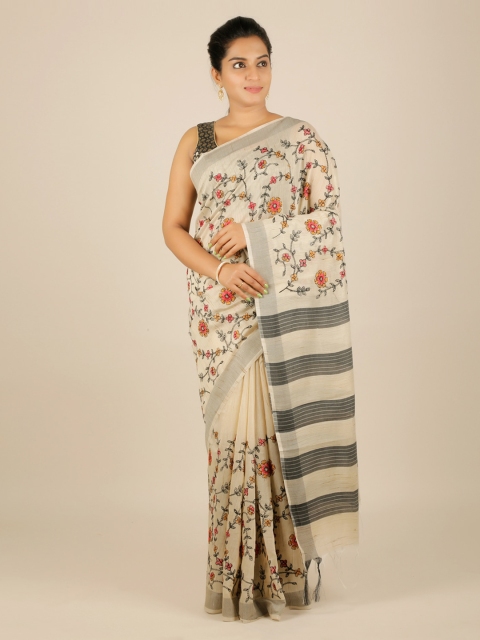 

Pothys Cream-Coloured & Black Jute Silk Embroidered Saree with Zari Border