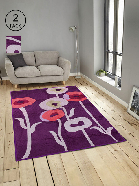

KLOTTHE Set Of 2 Purple & Red Floral Printed Carpets