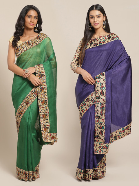 

Florence Green & Navy Blue Silk Blend Solid Saree Combo
