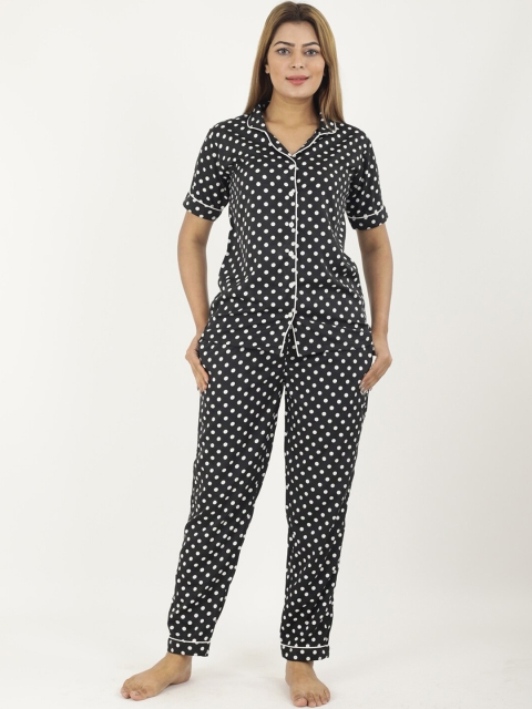 

NEUDIS Women Black & White Polka Dot Printed Night Suit