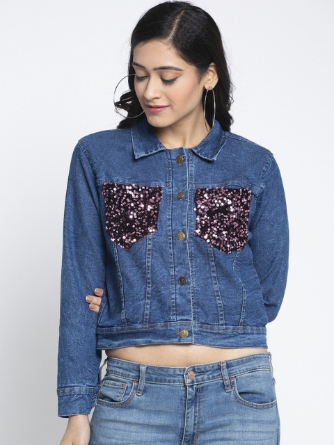 

Miaz Lifestyle Women Blue Self Design Lightweight Crop Denim Jacket