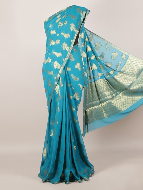 

Pothys Turquoise Blue & Gold-Toned Poly Georgette Floral Printed Saree