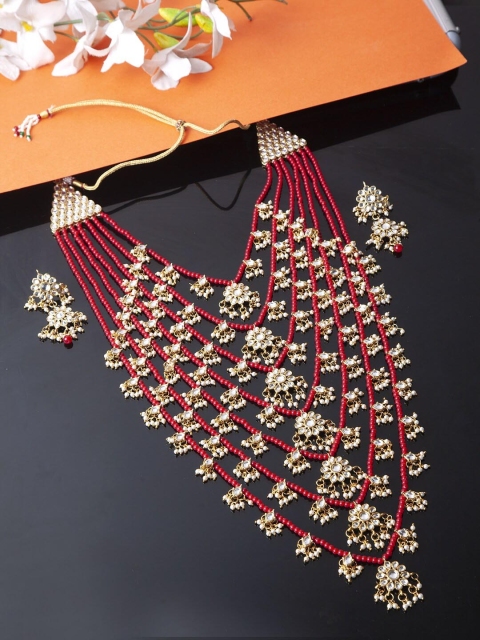 

Shining Diva Gold-Plated Red & White Kundan Studded & Beaded Multi-Layered Jewellery Set