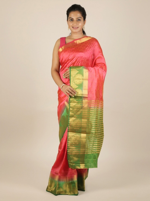 

Pothys Magenta & Green Jute Silk Printed Saree with Zari Border
