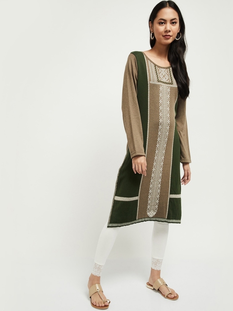 

max Women Olive Green & Beige Striped Straight Kurta