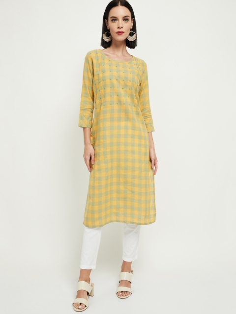 

max Women Mustard Checked Straight Kurta