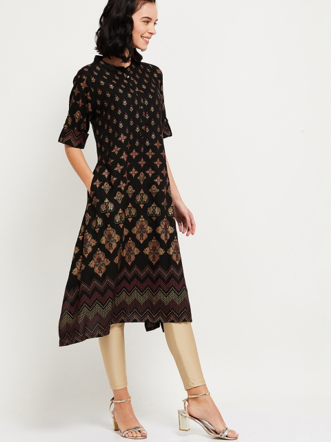 

max Women Black Printed A-Line Kurta