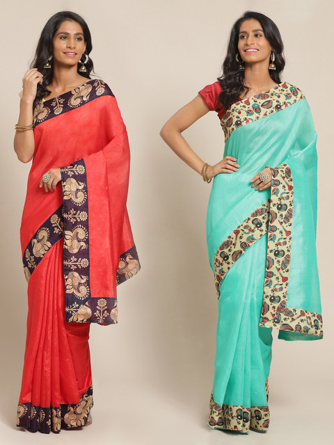 

Florence Red & Sea Green Silk Blend Solid Saree
