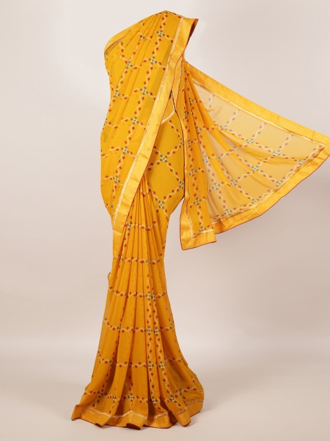 

Pothys Mustard Printed Poly Georgette Saree with Zari Border