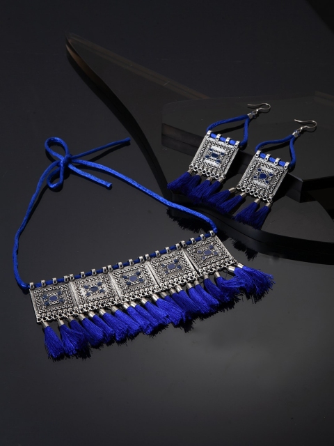 

Shining Diva Silver-Toned & Blue Stone-Studded Tasselled Jewellery Set