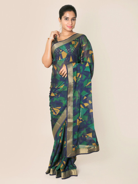

Pothys Blue & Green Printed Poly Georgette Saree with Zari Border