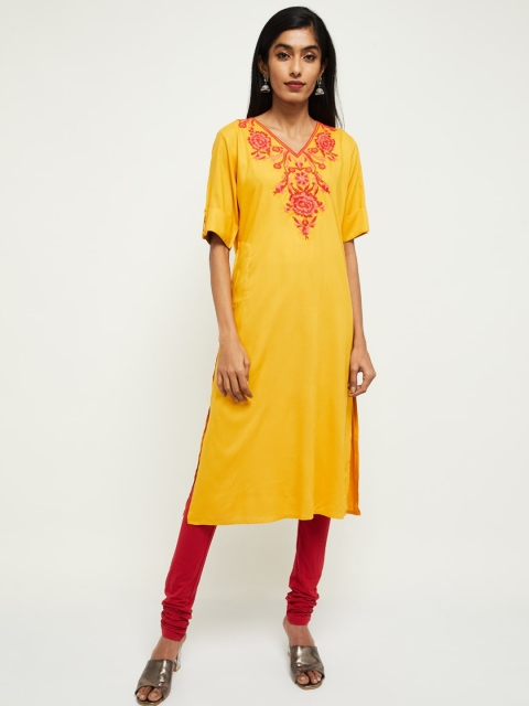 

max Women Yellow Embroidered Straight Kurta