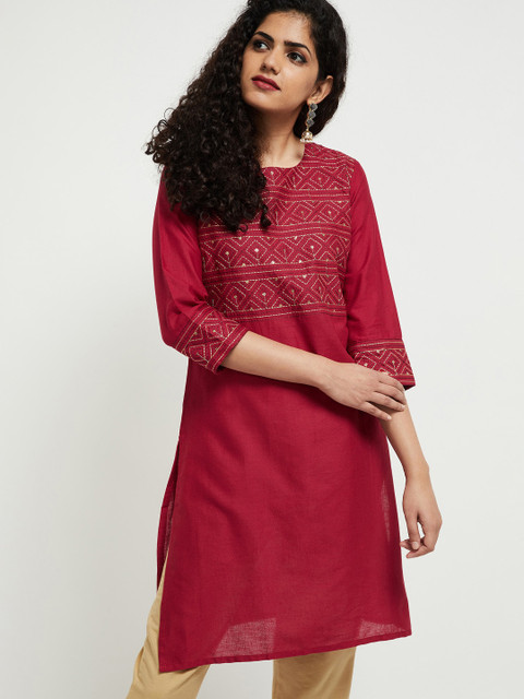 

max Women Red Embroidered A-Line Kurta