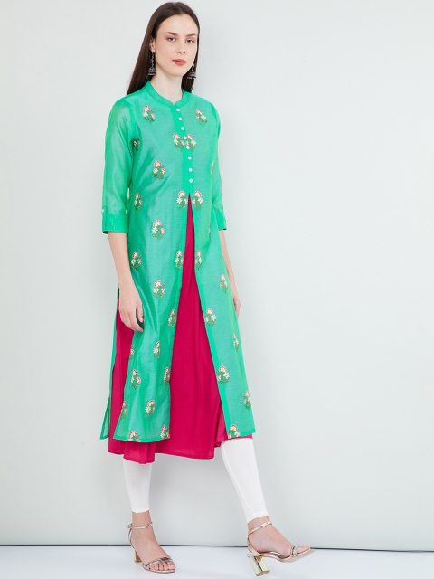 

max Women Green & Pink Embroidered A-Line Kurta