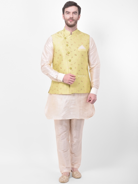 

SG LEMAN Men Beige & Green Solid Brocade Kurta with Pyjamas & Jacket