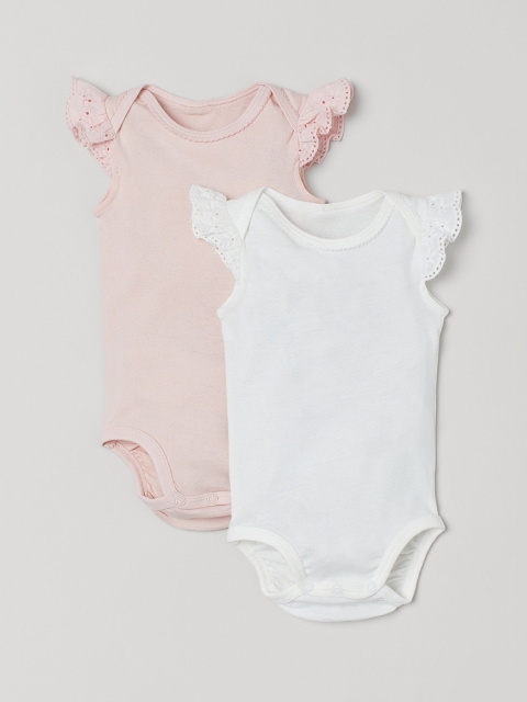 

H&M Girls 2-Pack Solid Picot-Trim Bodysuits, White