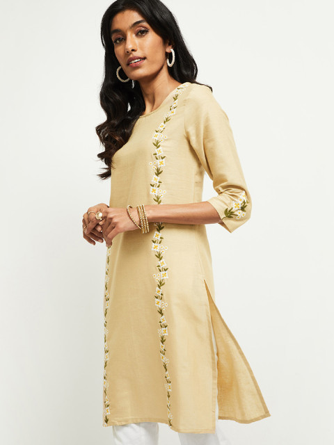 

max Women Beige Embroidered Straight Kurta