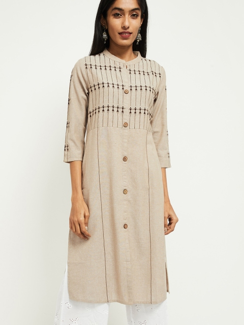 

max Women Beige Embroidered Straight Cotton Kurta