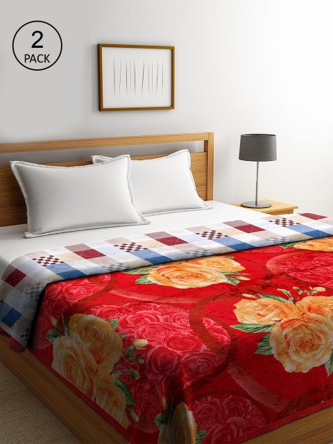 

KLOTTHE Red & Orange Set of 2 Floral Mild Winter 800 GSM Double Bed Blankets