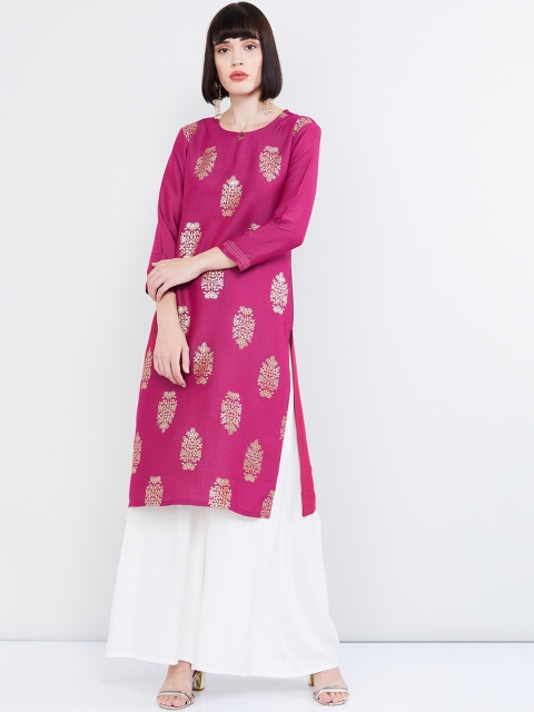 max Women Fuchsia & Gold-Toned Printed Straight Kurta
