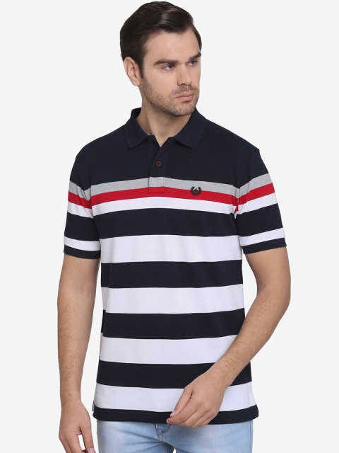 

Greenfibre Men White & Navy Blue Striped Polo Collar T-shirt