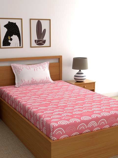 

Dreamscape Pink & White Conversational 144 TC Cotton 1 Single Bedsheet with 1 Pillow Covers