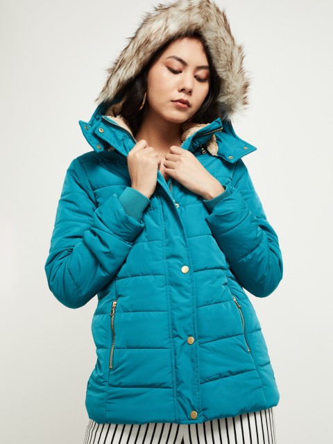 

max Women Blue Solid Padded Jacket